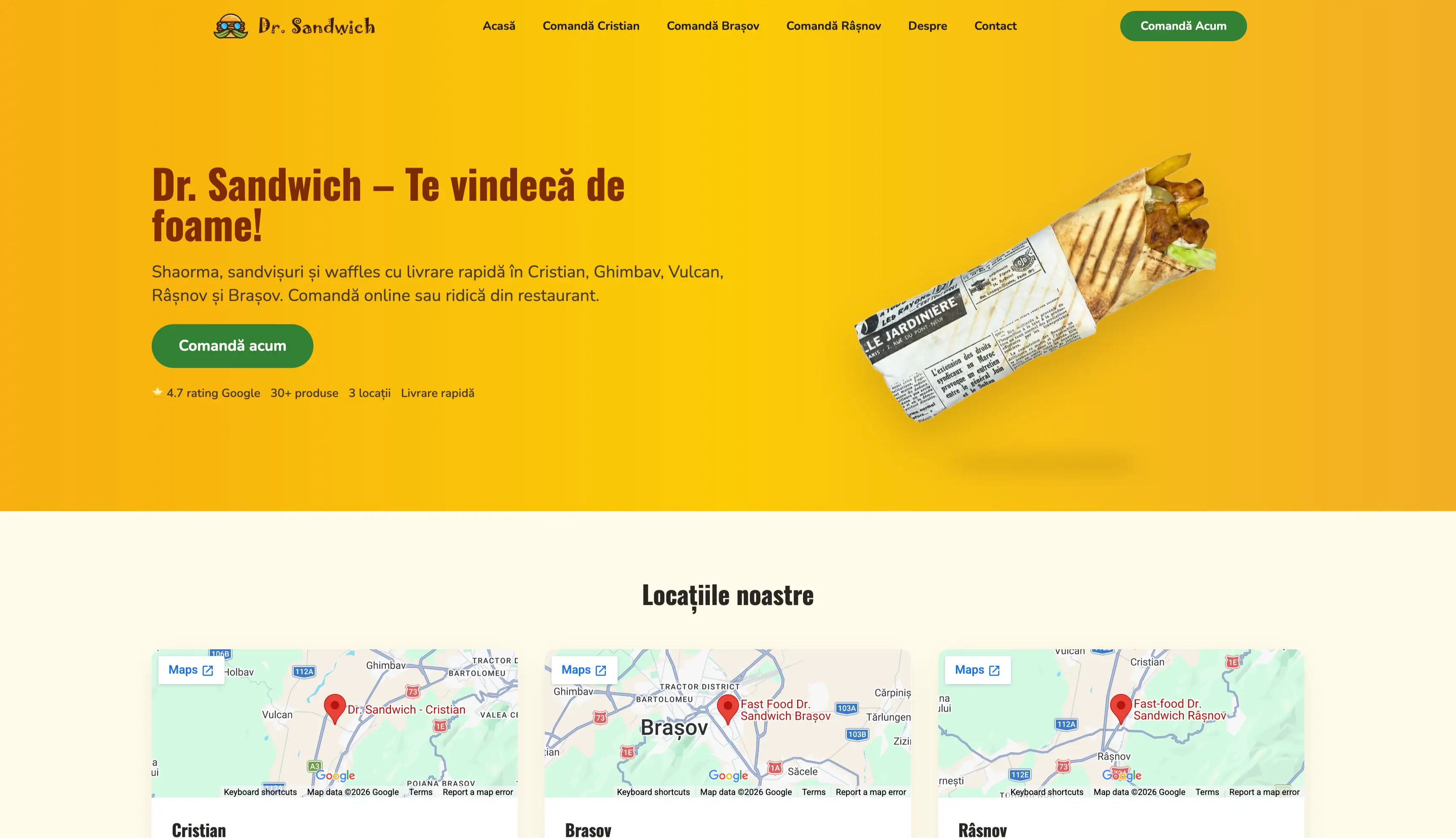 Pagina principală a site-ului Dr. Sandwich, cu butonul de comandă online